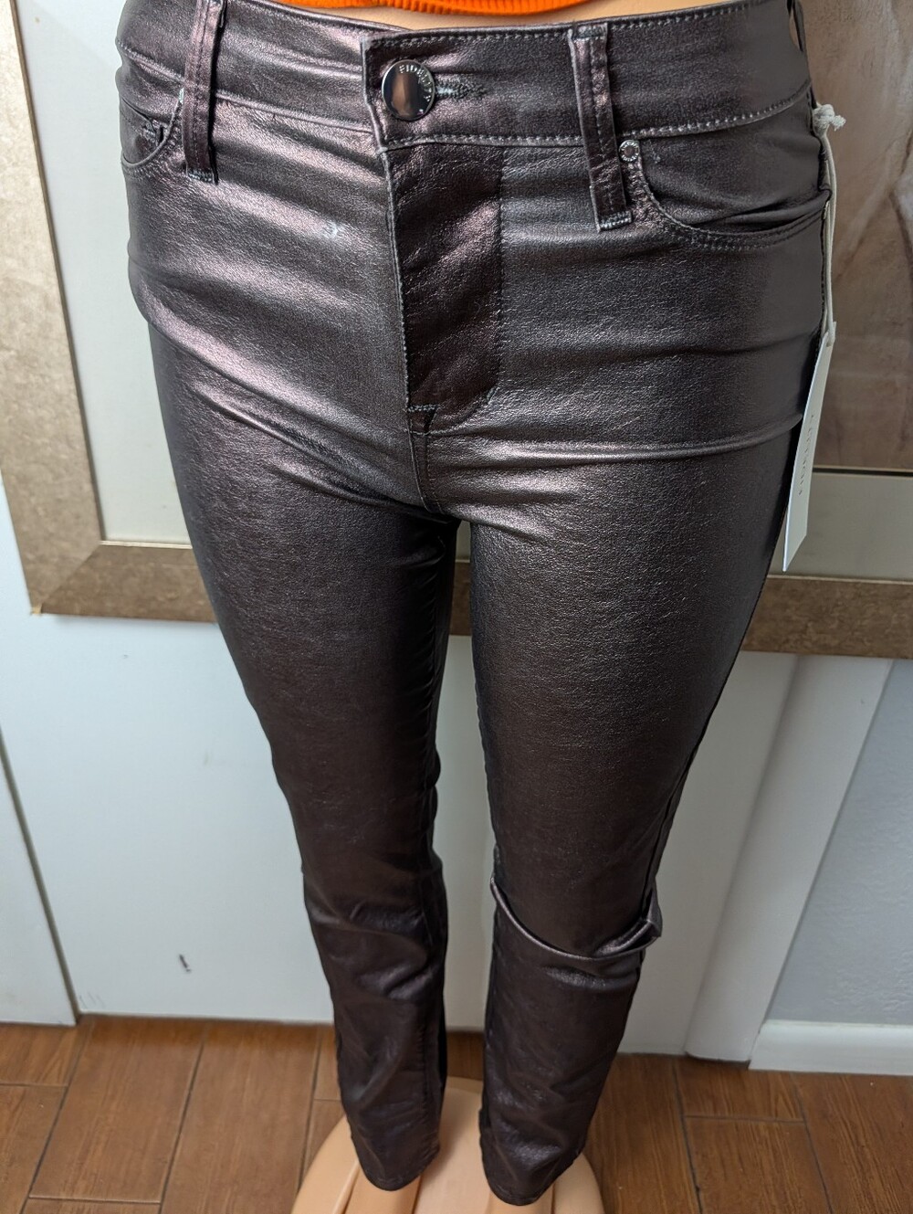 Fidelity Denim Lily High Boot Jeans Burgundy Metallic Foil-Coated Size 26 - Picture 2 of 12